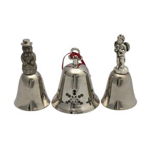Silver Plated Christmas Bells Set Of 3  Snowman Angel  Snowflake Designs